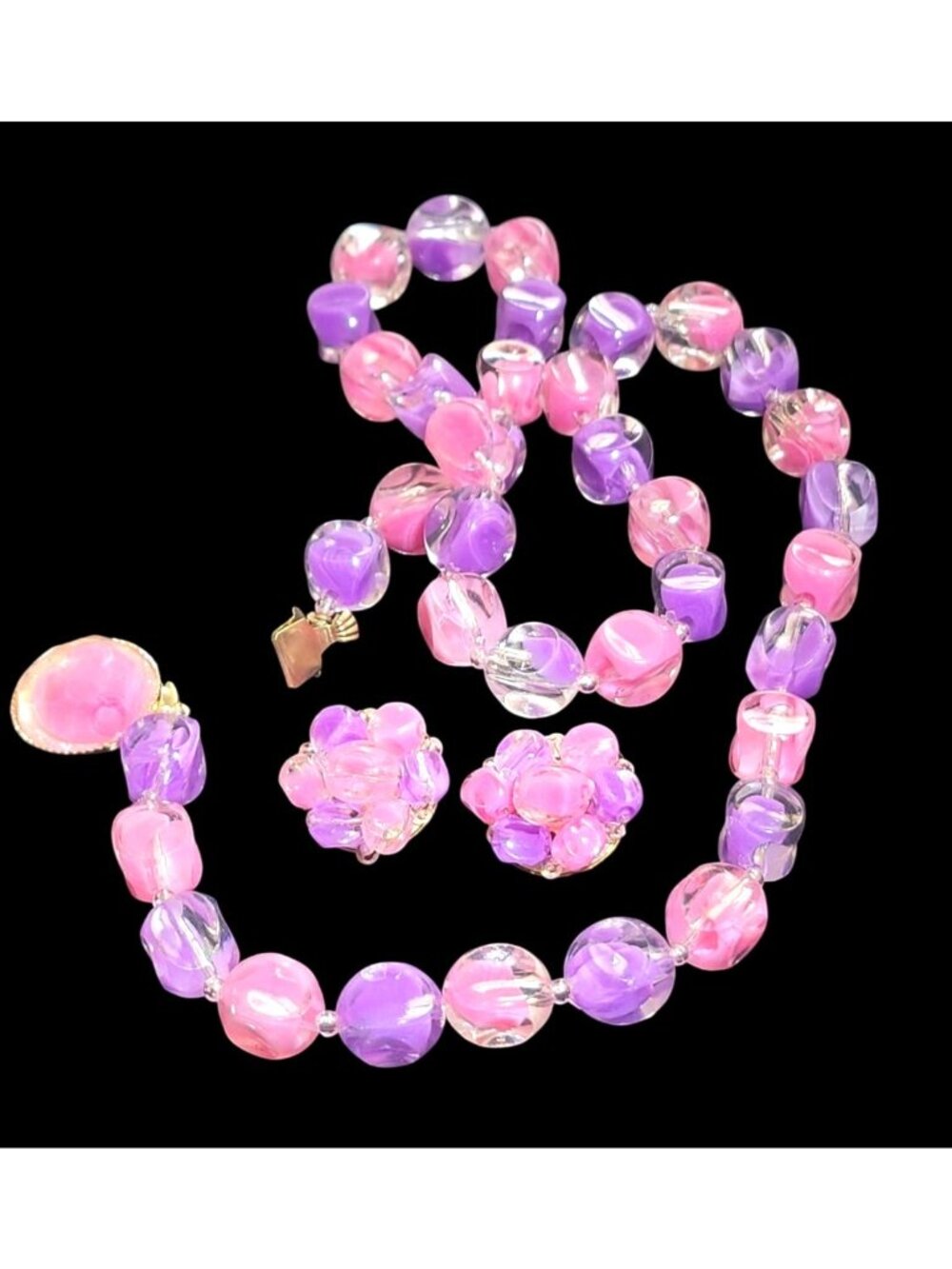Vintage Pink & Purple Acrylic Beaded Necklace & Clip-On Earrings Set Pop Art 196